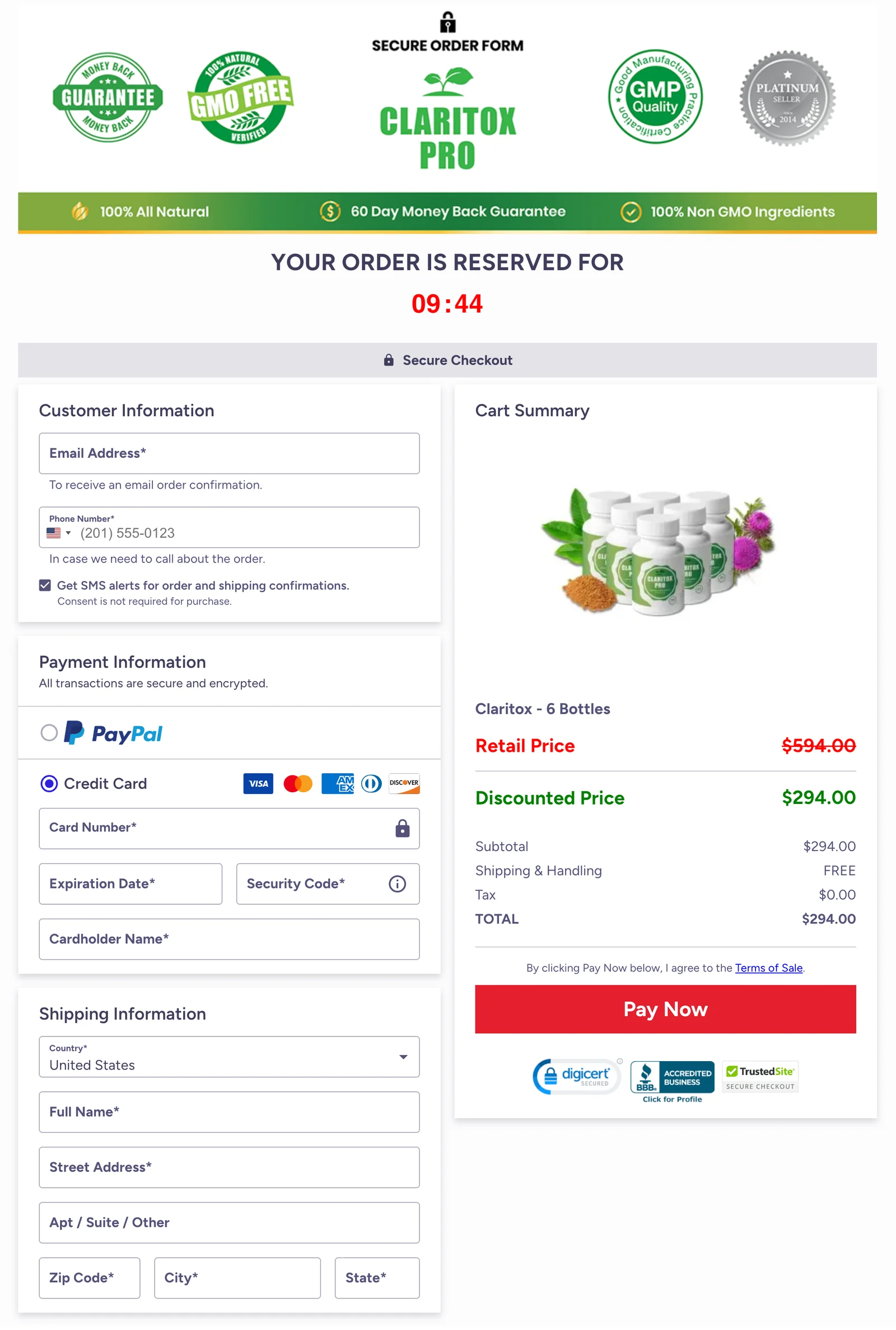 Claritox Pro Secured Order Page